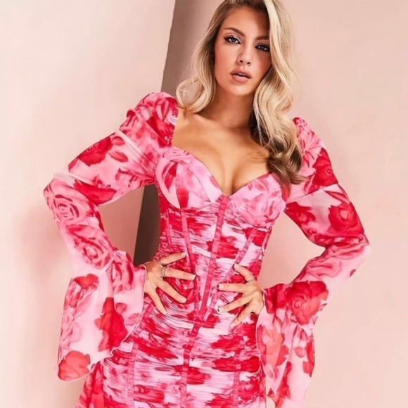ASOS LUXE chiffon ruched corset long sleeve mini dress in pink floral - Picture 11 of 14